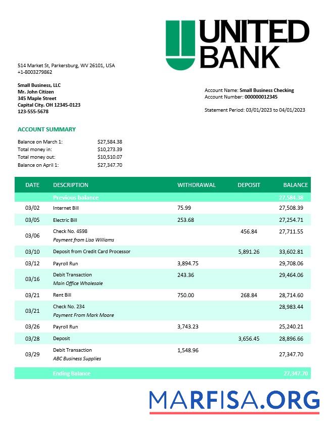 Blank United Bank enterprise account statement Word and PDF template